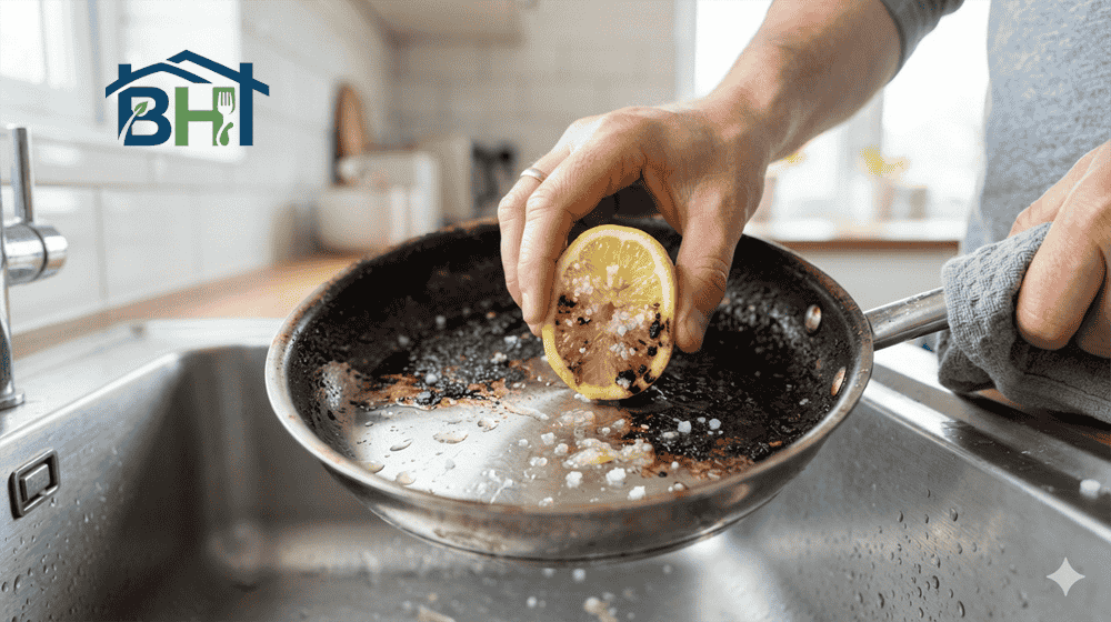 how to clean burnt pan using boiling water and dish soap