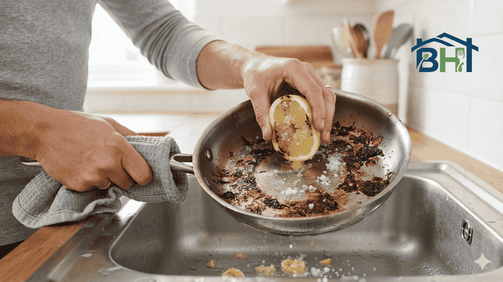 scrubbing burnt stainless steel pan naturally with a halved lemon and coarse salt