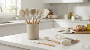 CAROTE 10-piece cream white silicone kitchen utensil set with wood handles