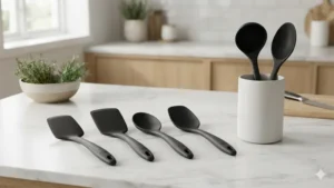 GIR Ultimate 5-piece black silicone kitchen utensil set on kitchen counter"