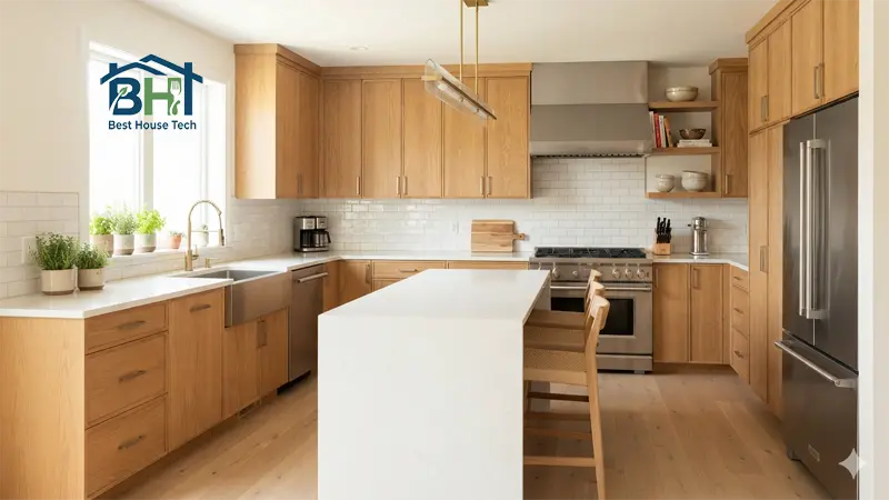 oak cabinets quartz countertop subway tile