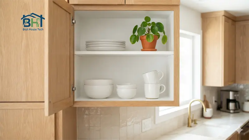 open oak cabinet shelving white interior