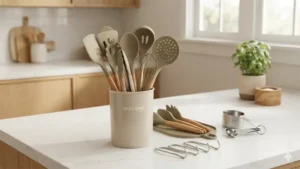 Umite Chef 33-piece non-toxic khaki silicone utensil set with wooden handles 
