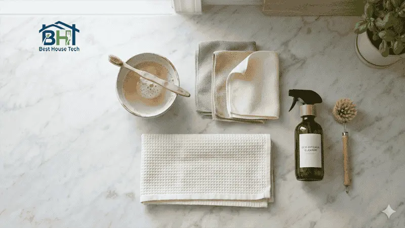 Wood cabinet cleaning supplies microfiber cloth and dish soap