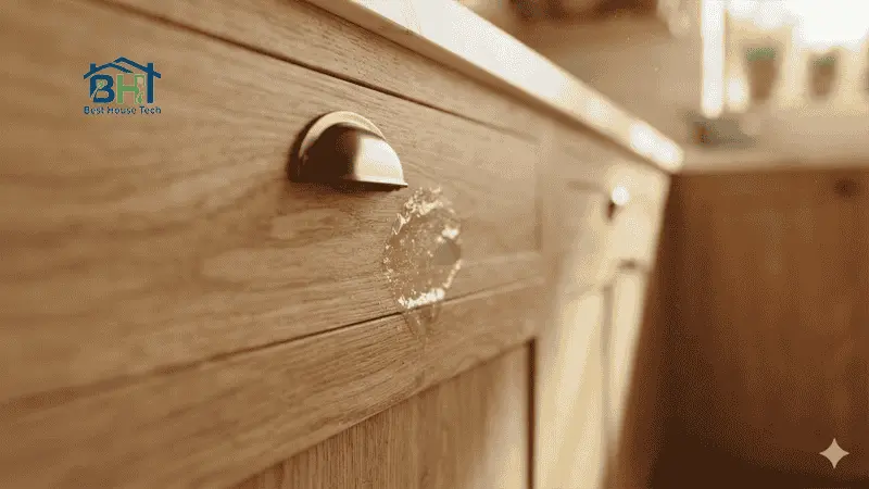 Grease buildup near stove handle on wood cabinet