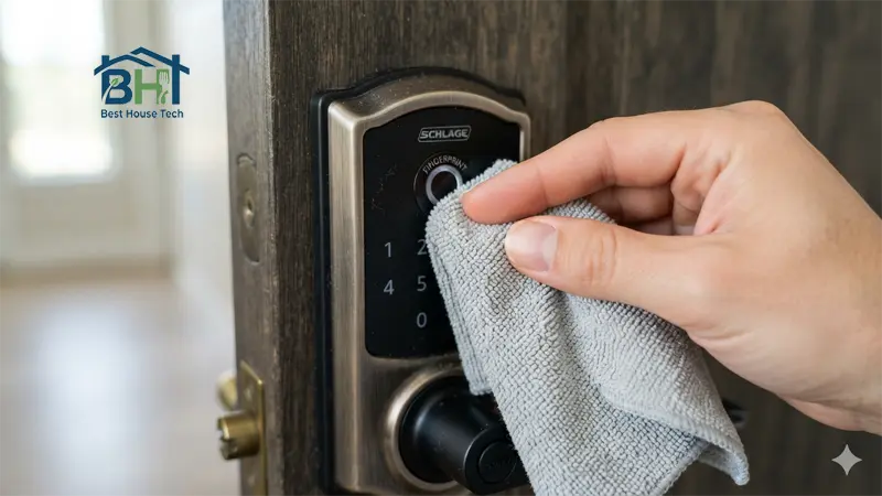 A person cleaning the fingerprint sensor of a smart door lock using a soft microfiber cloth.