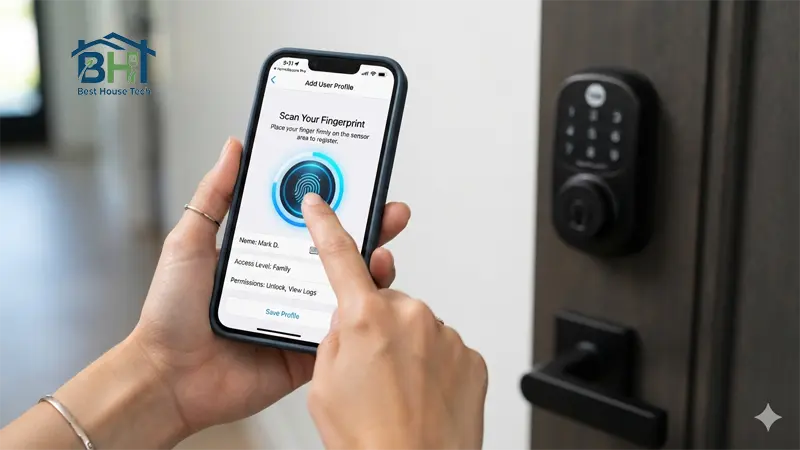 A smartphone displaying the Eufy Security app screen for managing lock access and adding fingerprints.