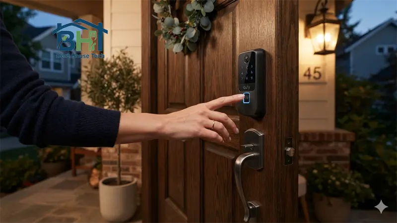 A sleek matte black Eufy smart door lock mounted on a modern wooden front door.