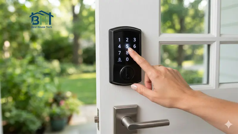 Close-up of a hand entering a passcode on a smart lock keypad to lock the door