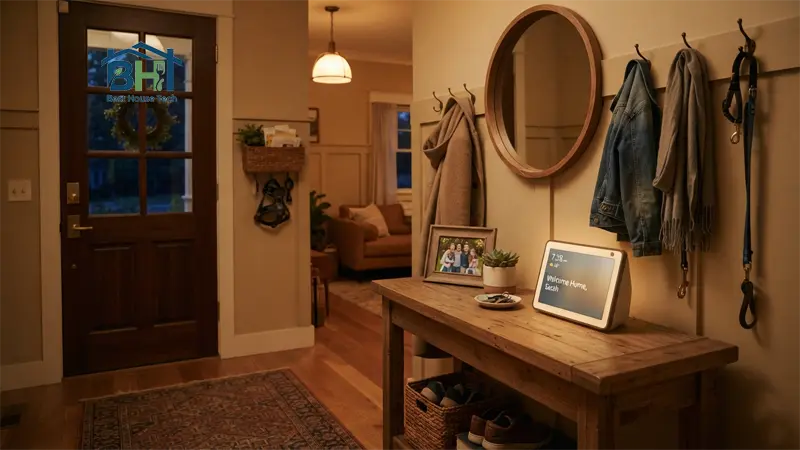 Smart speaker near the front door used to lock the smart lock with a voice command