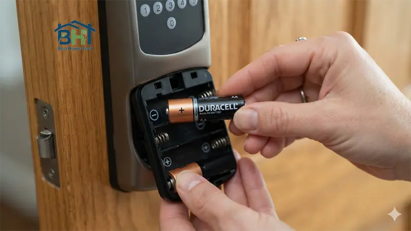 Inserting new AA alkaline batteries into the Kwikset battery tray following correct polarity