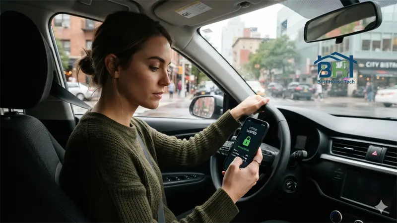 Person checking their smart lock status remotely from their phone in the car