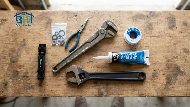 Essential plumbing tools including a basin wrench, adjustable wrench, plumber tape, and silicone sealant.