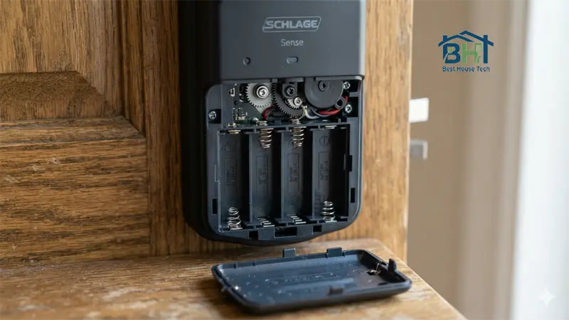 A person removing the interior battery pack from a Kwikset smart lock