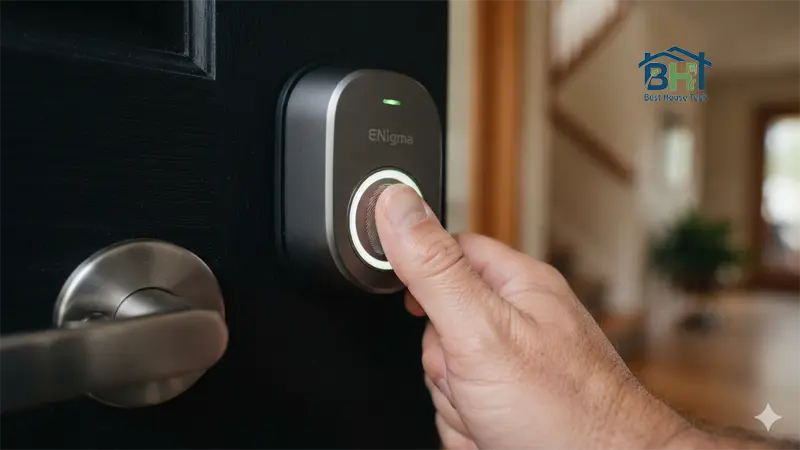 Close-up shot of a hand placing a thumb on the illuminated fingerprint scanner of a smart deadbolt.