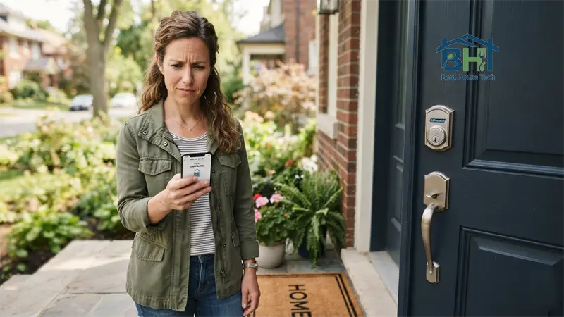 Homeowner troubleshooting a smart lock that won't lock from outside