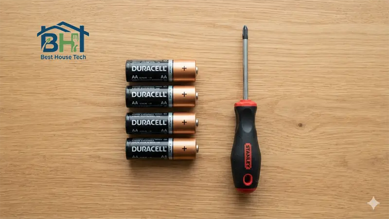 Four fresh AA alkaline batteries and a Phillips screwdriver placed on a table