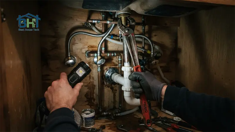 Using a basin wrench under the kitchen sink cabinet to loosen faucet mounting nuts.