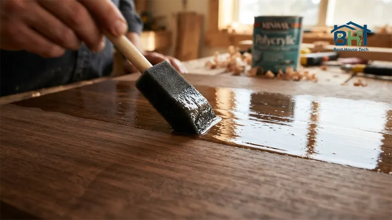 Applying a protective clear polyurethane topcoat on a stained wooden kitchen table