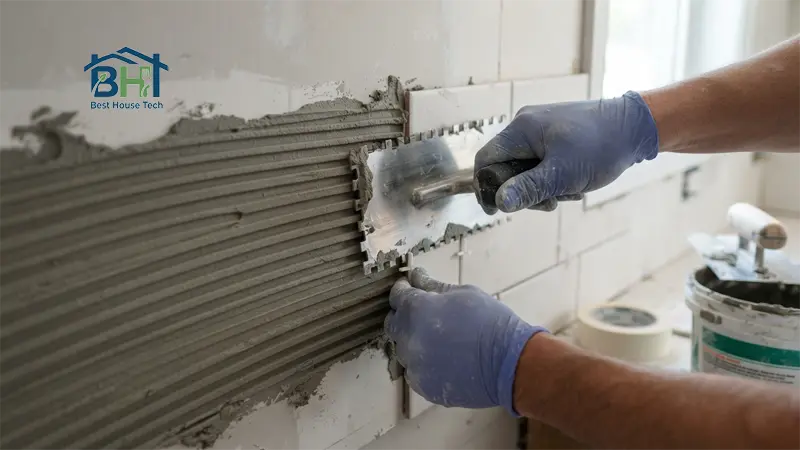 Spreading thin-set adhesive on a kitchen wall using a notched trowel for backsplash installation.