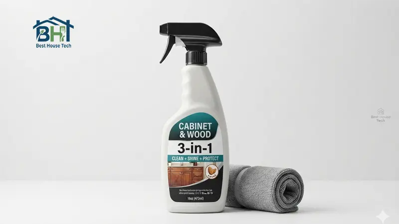 16 oz cabinet and wood cleaner spray bottle with a rolled grey microfiber cloth