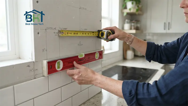 Measuring and dry-fitting subway tiles on a kitchen wall using a tape measure and bubble level.