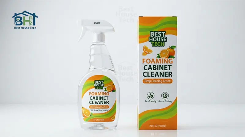 Clear foaming cabinet cleaner spray bottle standing next to its citrus product packaging box