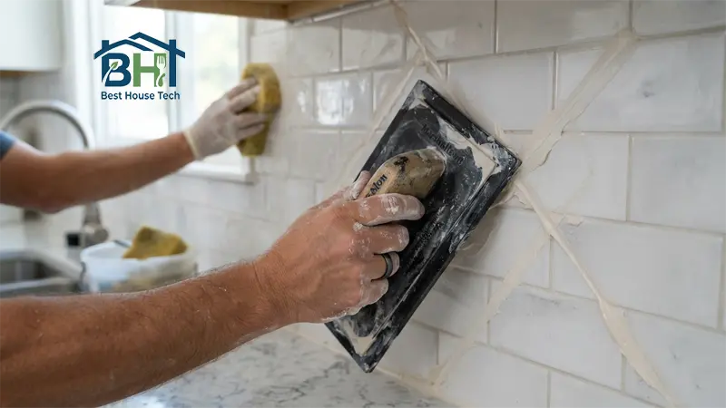 Applying white grout over kitchen backsplash tiles with a rubber grout float.