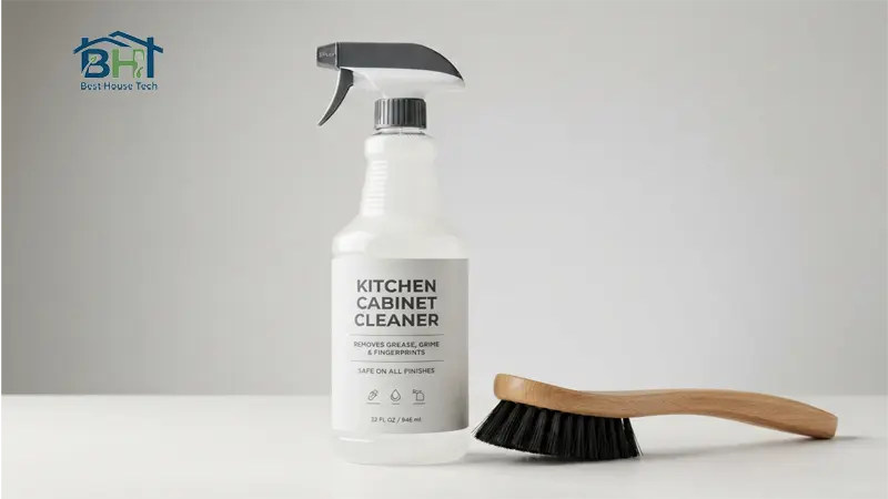 White kitchen cabinet cleaner spray bottle with a black cleaning brush on a light background