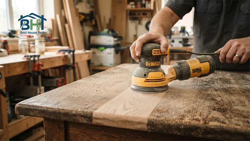 Using a random orbital sander to remove old varnish from a wooden tabletop