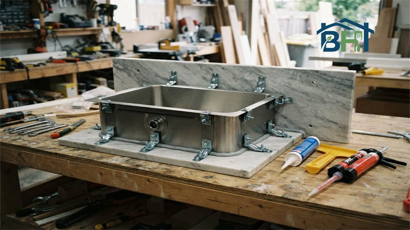 Undermount sink attached under a quartz slab with clips and sealant
