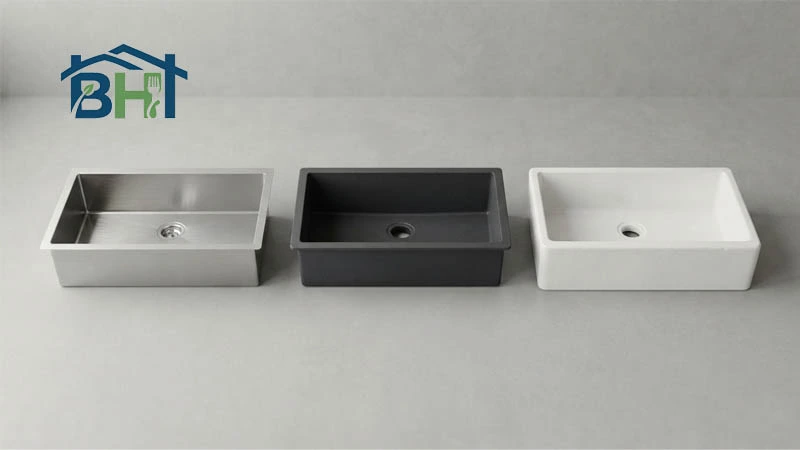 Stainless steel, granite composite and fireclay undermount sinks side by side